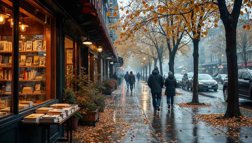 Calle comercial en otoño