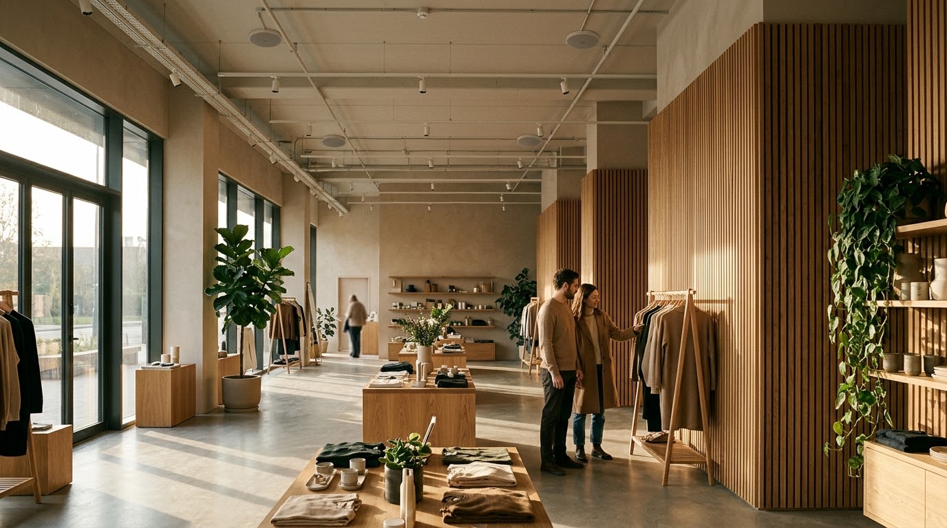 Tienda con música ambiente y paneles acústicos de madera