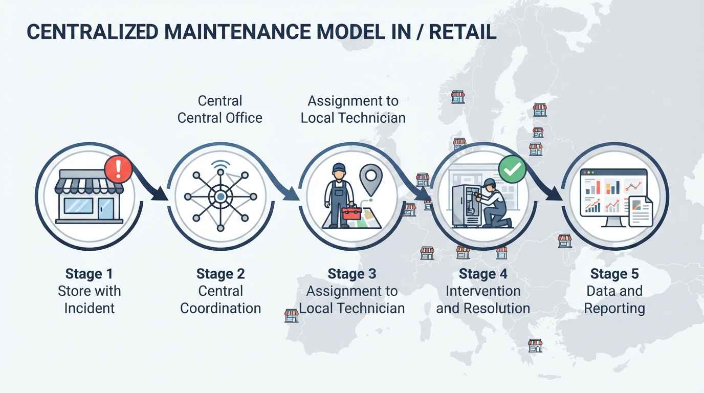 Modelo centralizado de mantenimiento para una red de tiendas en Europa