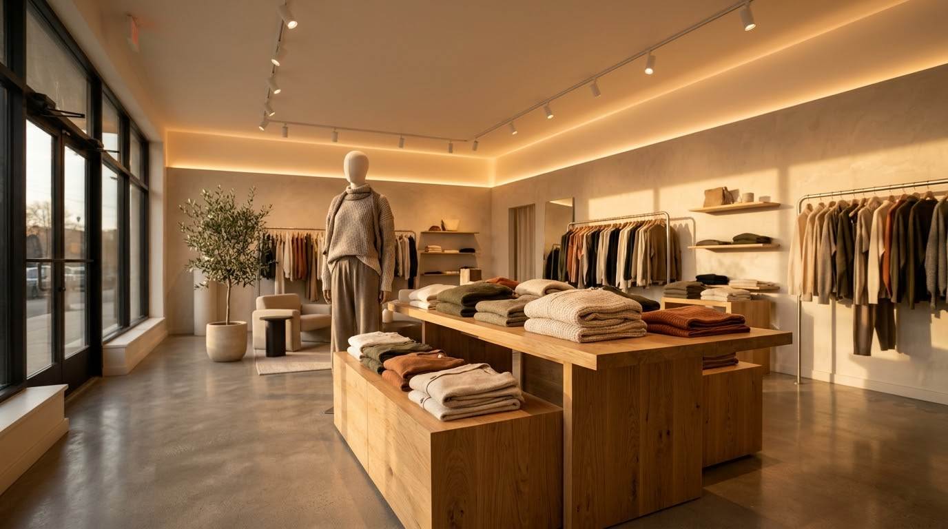 Tienda de moda con iluminación cálida y focos de acento sobre el producto