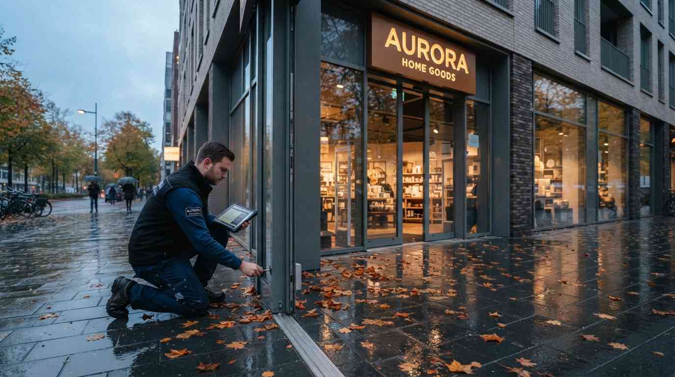 Técnico revisando el acceso de una tienda retail en el cambio de temporada de otoño
